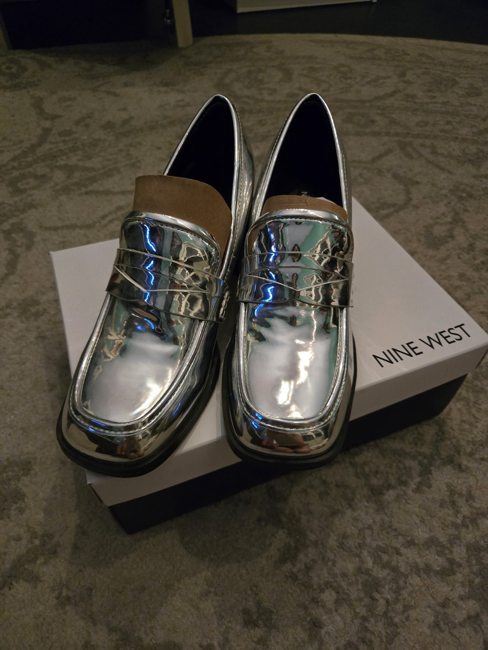 Nine West Silver Metallic Penny Loafers with Brown Collar